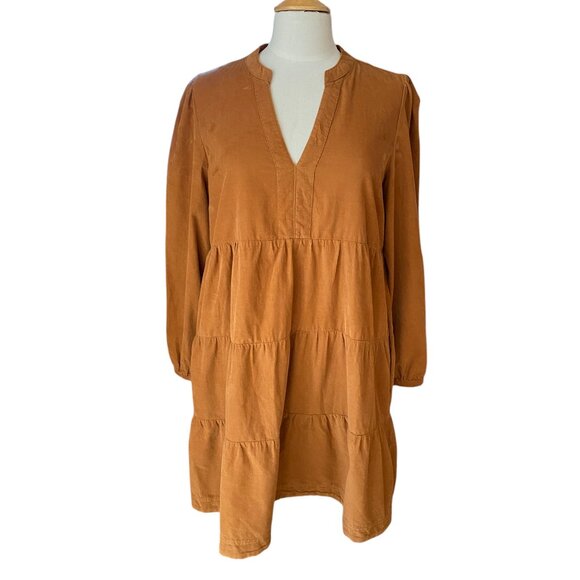 Lucky Brand Corduroy Tiered Dress Long Sleeve Knee Length Boho Prairie Western-M - Picture 13 of 13